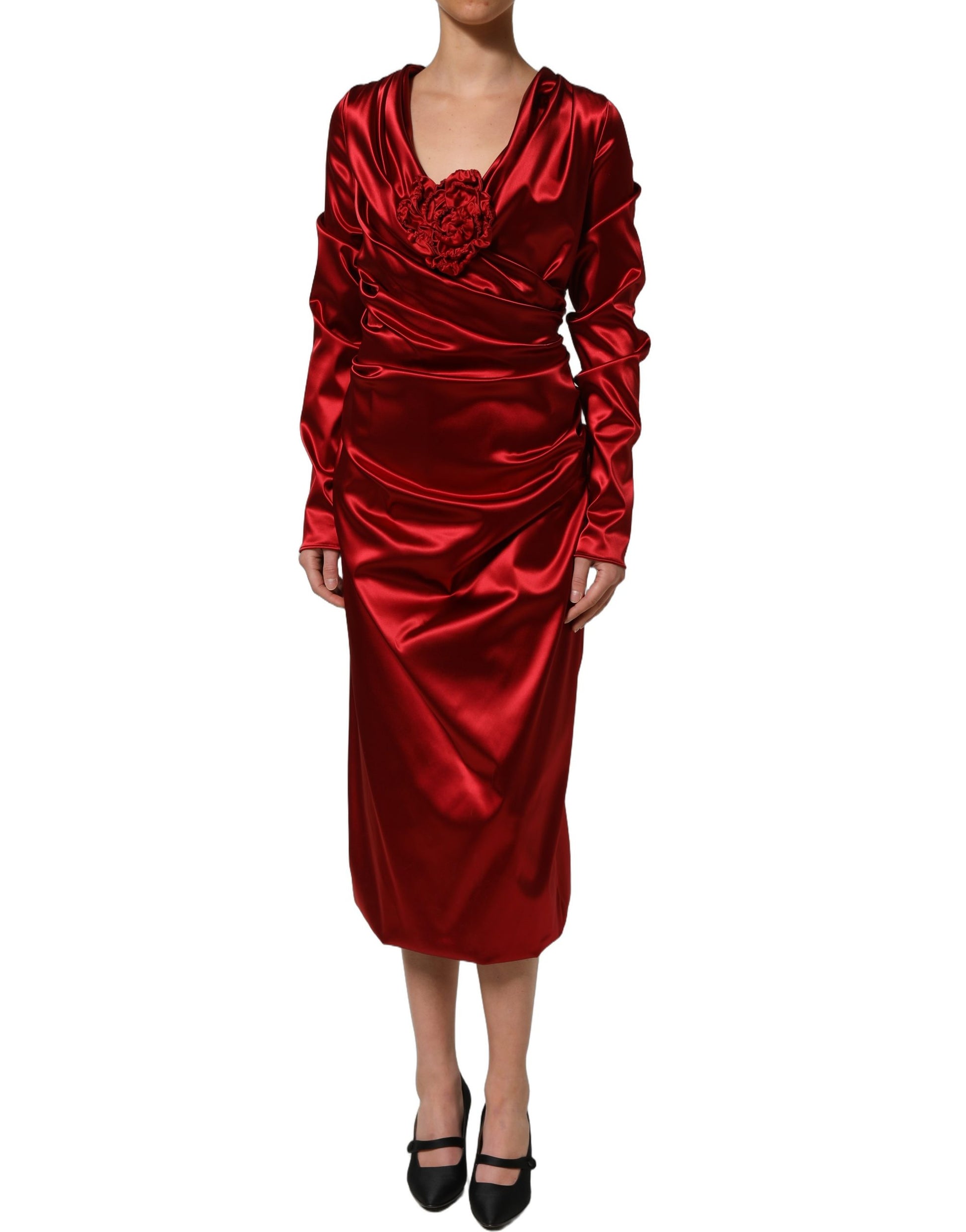 Dolce & Gabbana Red Silk Satin Draped Midi Floral Applique Dress Dolce & Gabbana