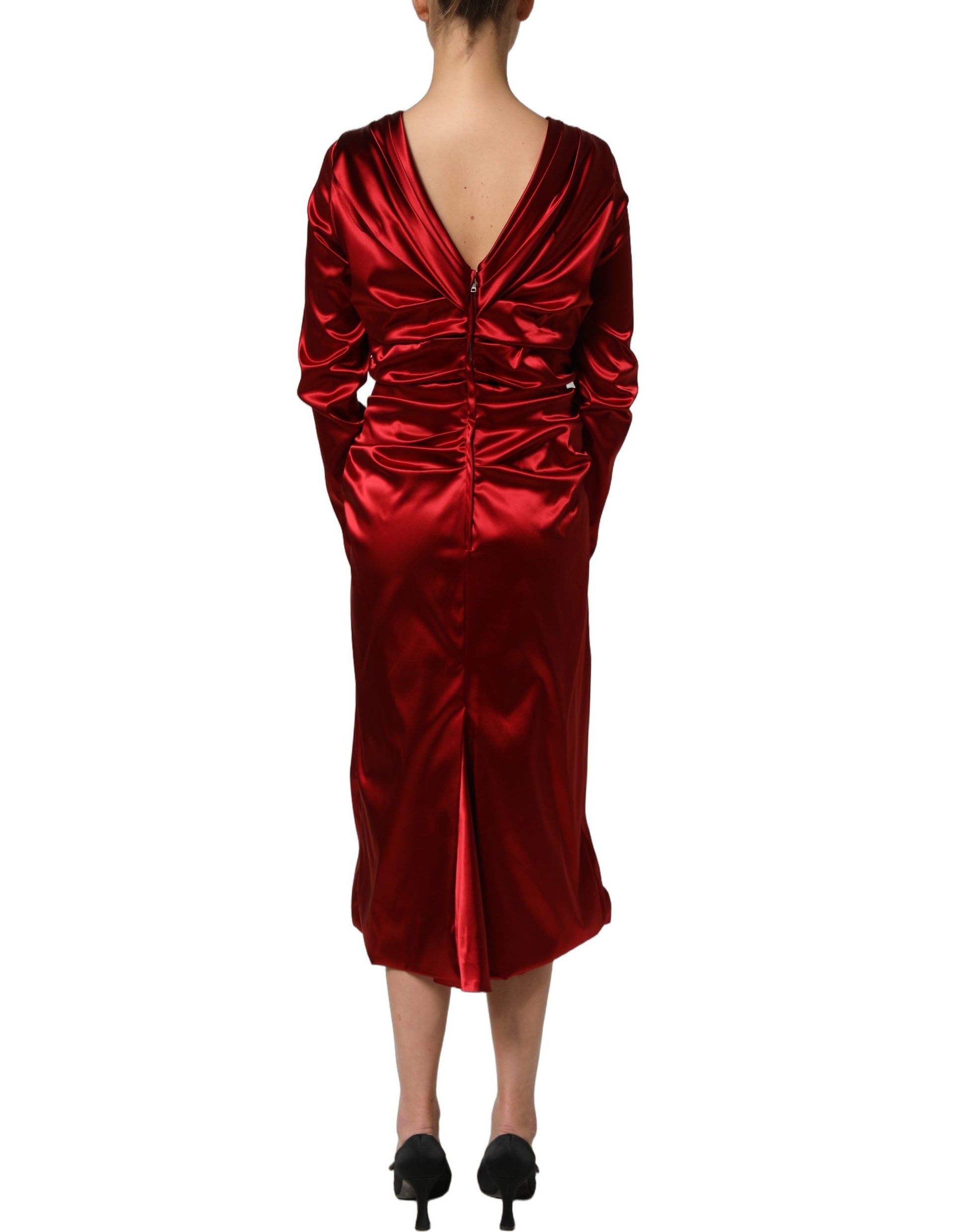 Dolce & Gabbana Red Silk Satin Draped Midi Floral Applique Dress Dolce & Gabbana