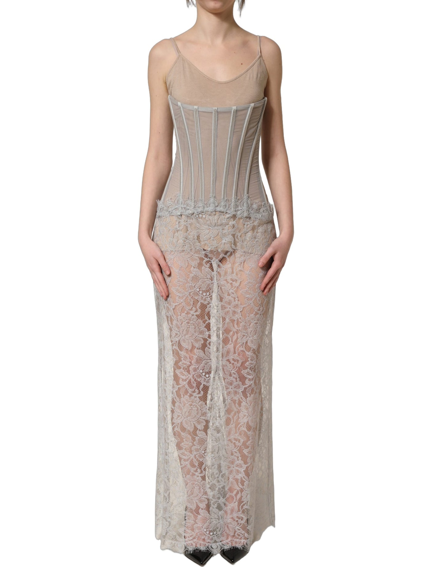 Dolce & Gabbana Gray Lace Corset Style Bodice Maxi Dress Dolce & Gabbana