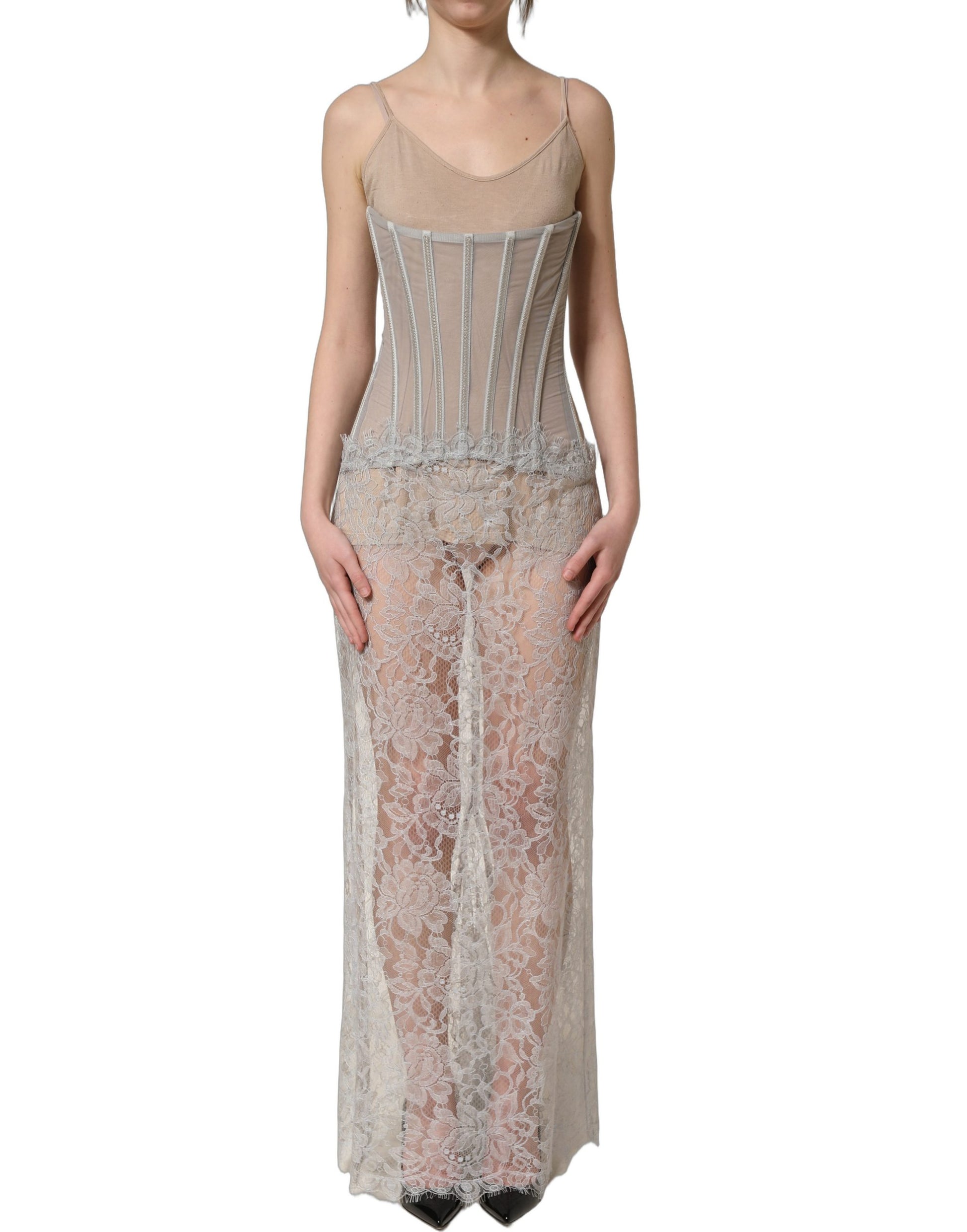 Dolce & Gabbana Gray Lace Corset Style Bodice Maxi Dress Dolce & Gabbana