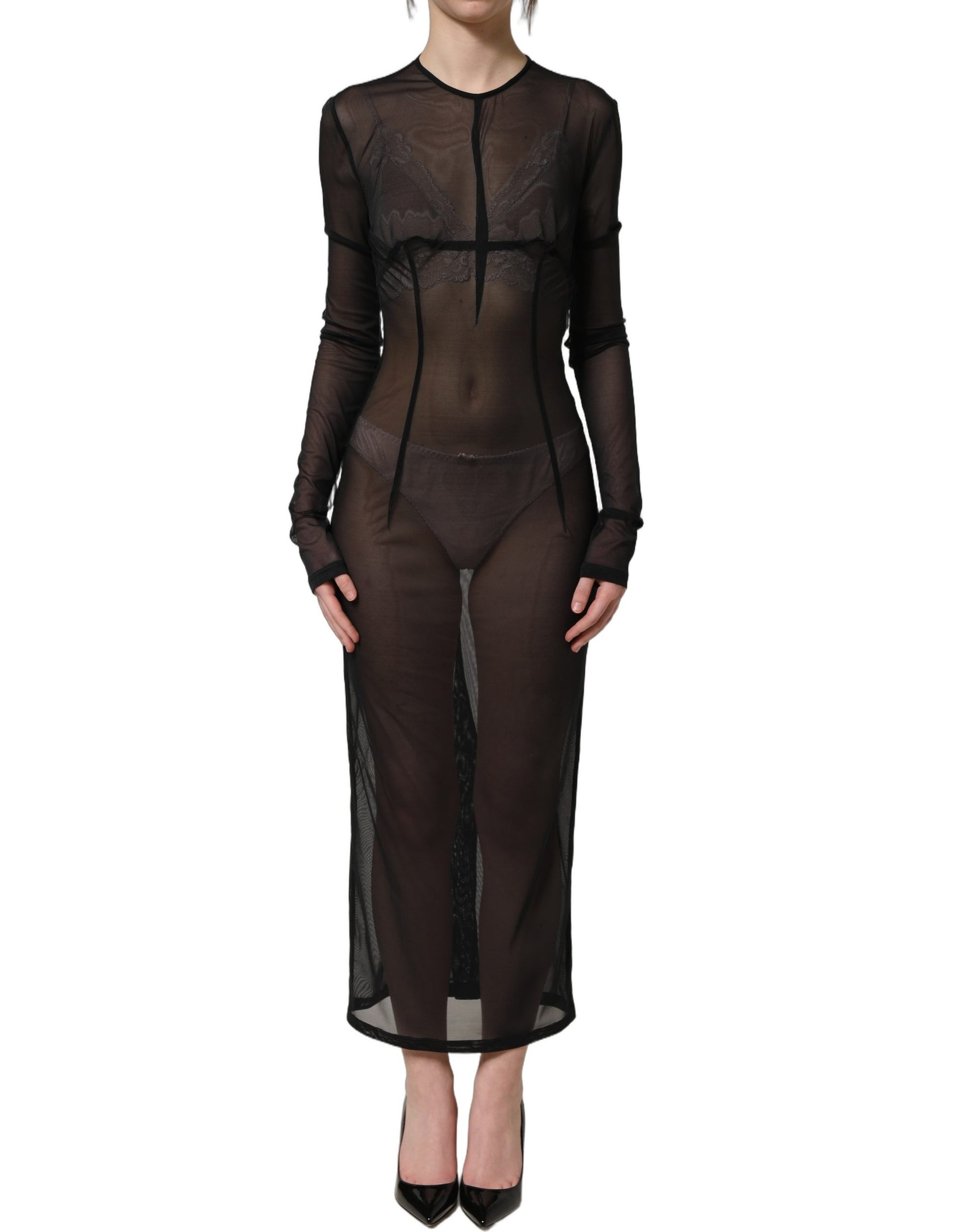 Dolce & Gabbana Black Long Sleeve Sheer Fitted Maxi Dress Dolce & Gabbana