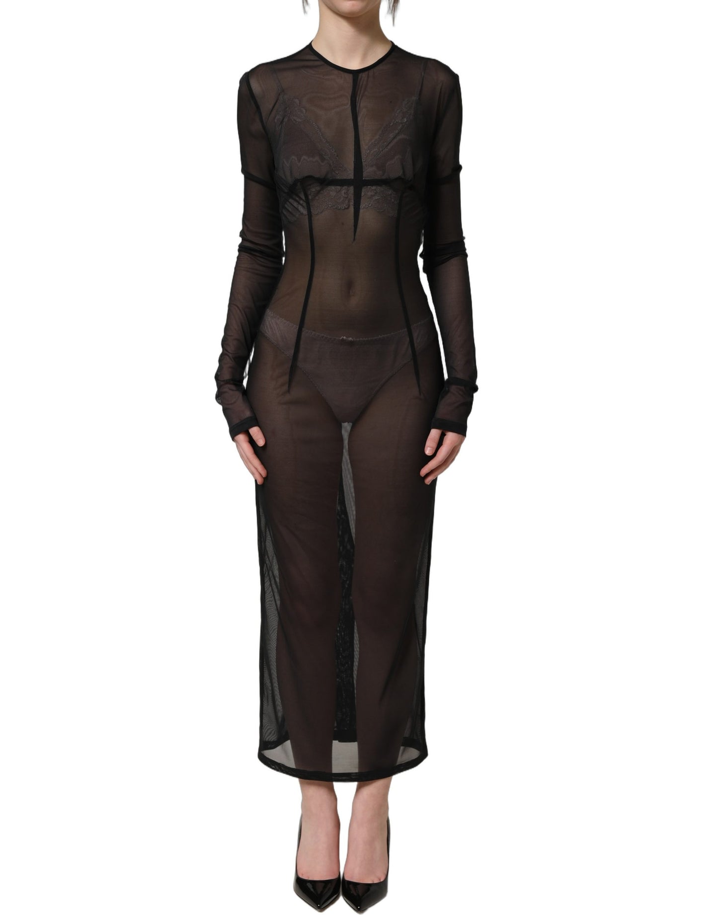Dolce & Gabbana Black Long Sleeve Sheer Fitted Maxi Dress Dolce & Gabbana