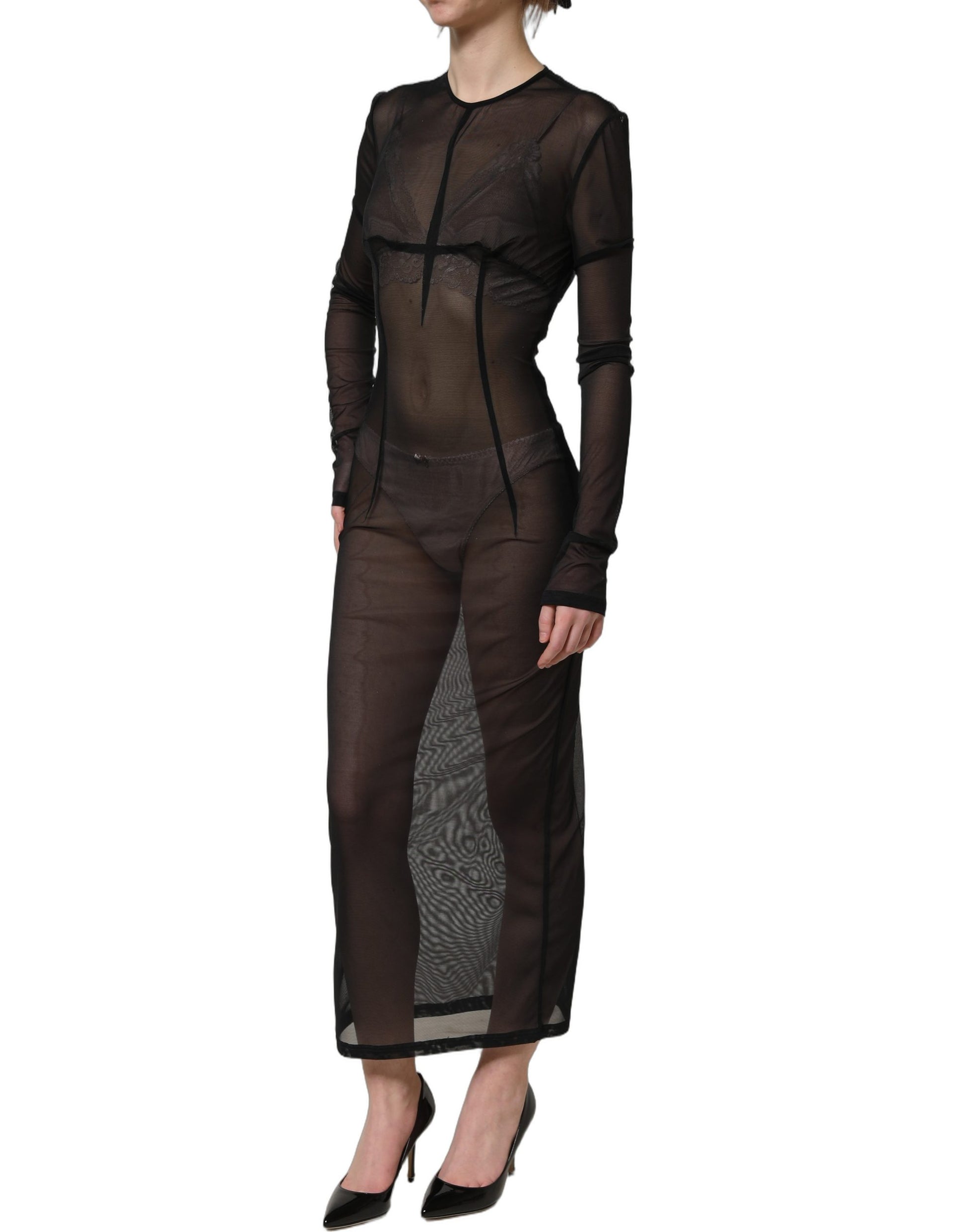 Dolce & Gabbana Black Long Sleeve Sheer Fitted Maxi Dress Dolce & Gabbana