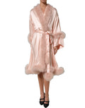 Dolce & Gabbana light pink silk midi dress with turkey feather wrap detailing, elegant and flowing design for sophisticated occasions.