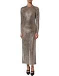 Dolce & Gabbana beige long gown dress with crystal embellishments and elegant flowing design.