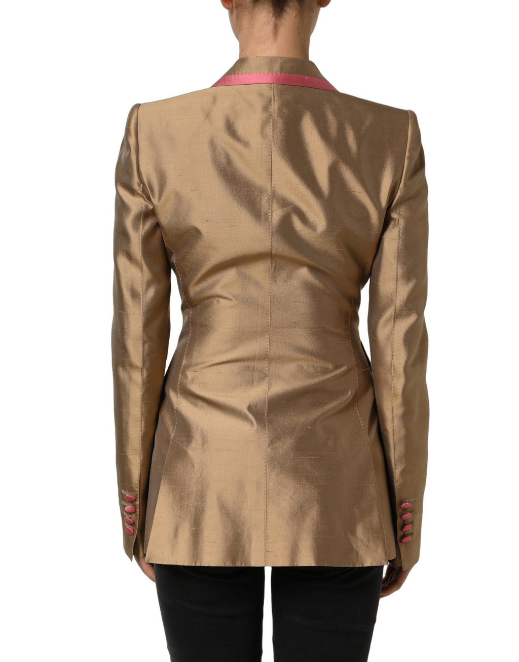 Dolce & Gabbana gold silk double-breasted coat blazer jacket shown on a hanger with detailed lapels and tailored fit.