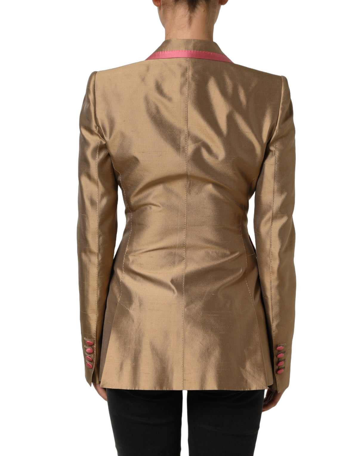Dolce & Gabbana gold silk double-breasted coat blazer jacket shown on a hanger with detailed lapels and tailored fit.