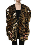 Dolce & Gabbana black blazer jacket with gold sequin tiger stripe pattern, tailored fit, and elegant design.