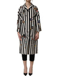 Dolce & Gabbana black and white striped embellished coat jacket with detailed embroidery and button accents.