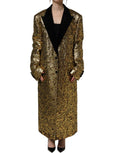 Dolce & Gabbana gold floral jacquard wool trench coat with tailored fit and classic design, featuring intricate floral patterns.