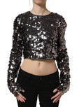 Dolce & Gabbana black sequined long sleeve crop blouse top, stylish and elegant, with shimmering sequin details and fitted design.