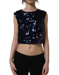 Blue sequined sleeveless cropped tank top by Dolce & Gabbana, showcasing shimmering fabric and stylish sleeveless design.