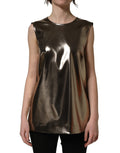 Dolce & Gabbana metallic bronze sleeveless roundneck tank top with a shiny, smooth fabric finish, designed for a stylish summer look.