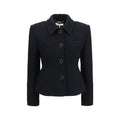 Chloé black wool blazer with a tailored fit, featuring classic lapels and structured design, ideal for a sophisticated look.