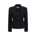 Chloé black wool blazer with a tailored fit, featuring classic lapels and structured design, ideal for a sophisticated look.