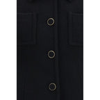 Chloé black wool Aries blazer with tailored fit and lapel collar, displayed on a hanger against a neutral background.