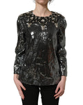 Dolce & Gabbana metallic gray sequin embellished blouse top with long sleeves and round neckline, stylish and glamorous.