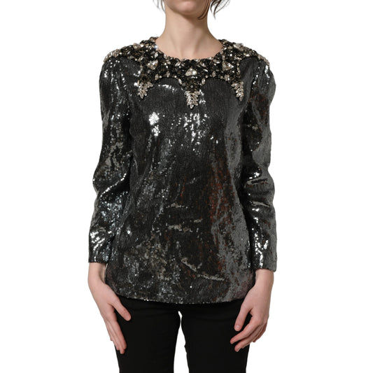 Dolce & Gabbana Metallic Gray Sequin Embellished Blouse Top Dolce & Gabbana