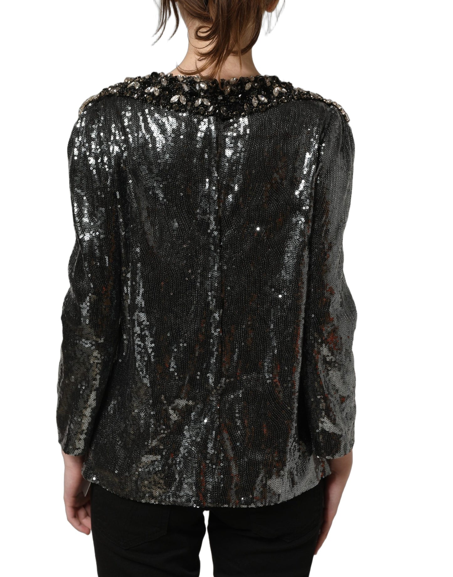 Dolce & Gabbana Metallic Gray Sequin Embellished Blouse Top Dolce & Gabbana