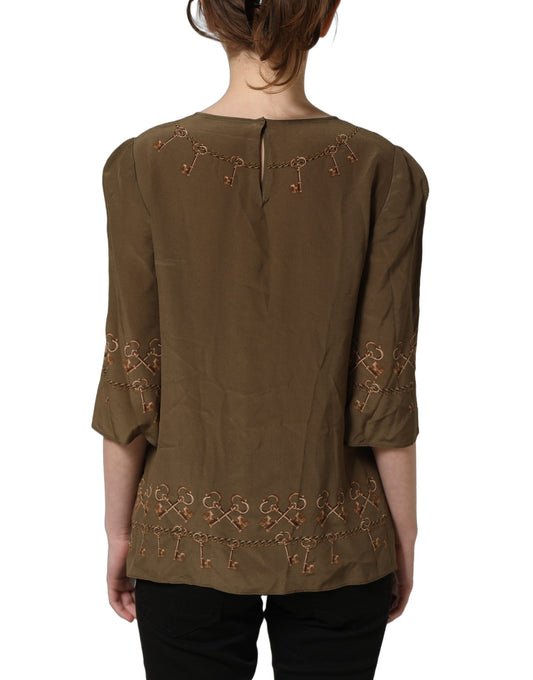 Dolce & Gabbana Brown Keys Roses Printed Silk Blouse Top Dolce & Gabbana