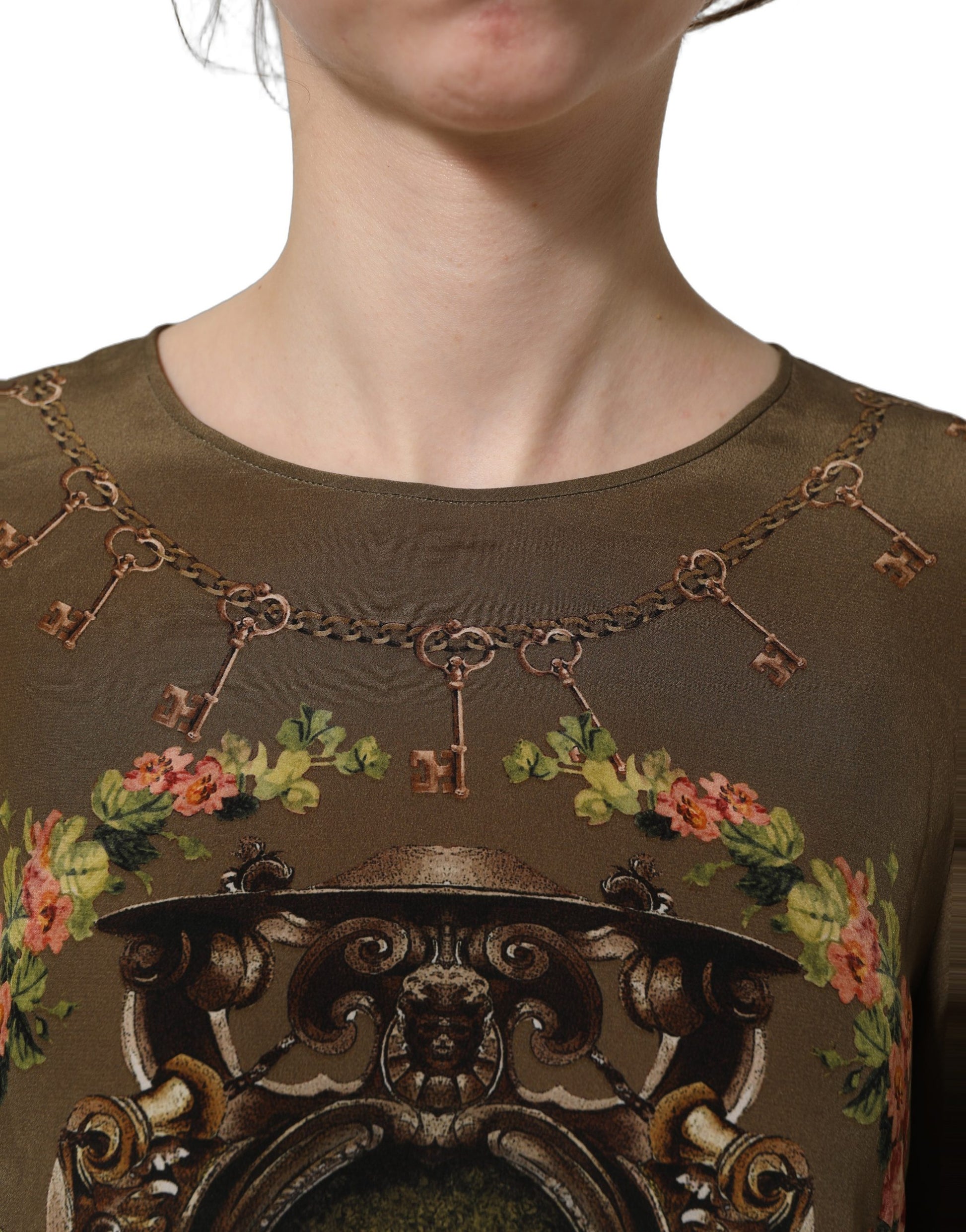 Dolce & Gabbana Brown Keys Roses Printed Silk Blouse Top Dolce & Gabbana