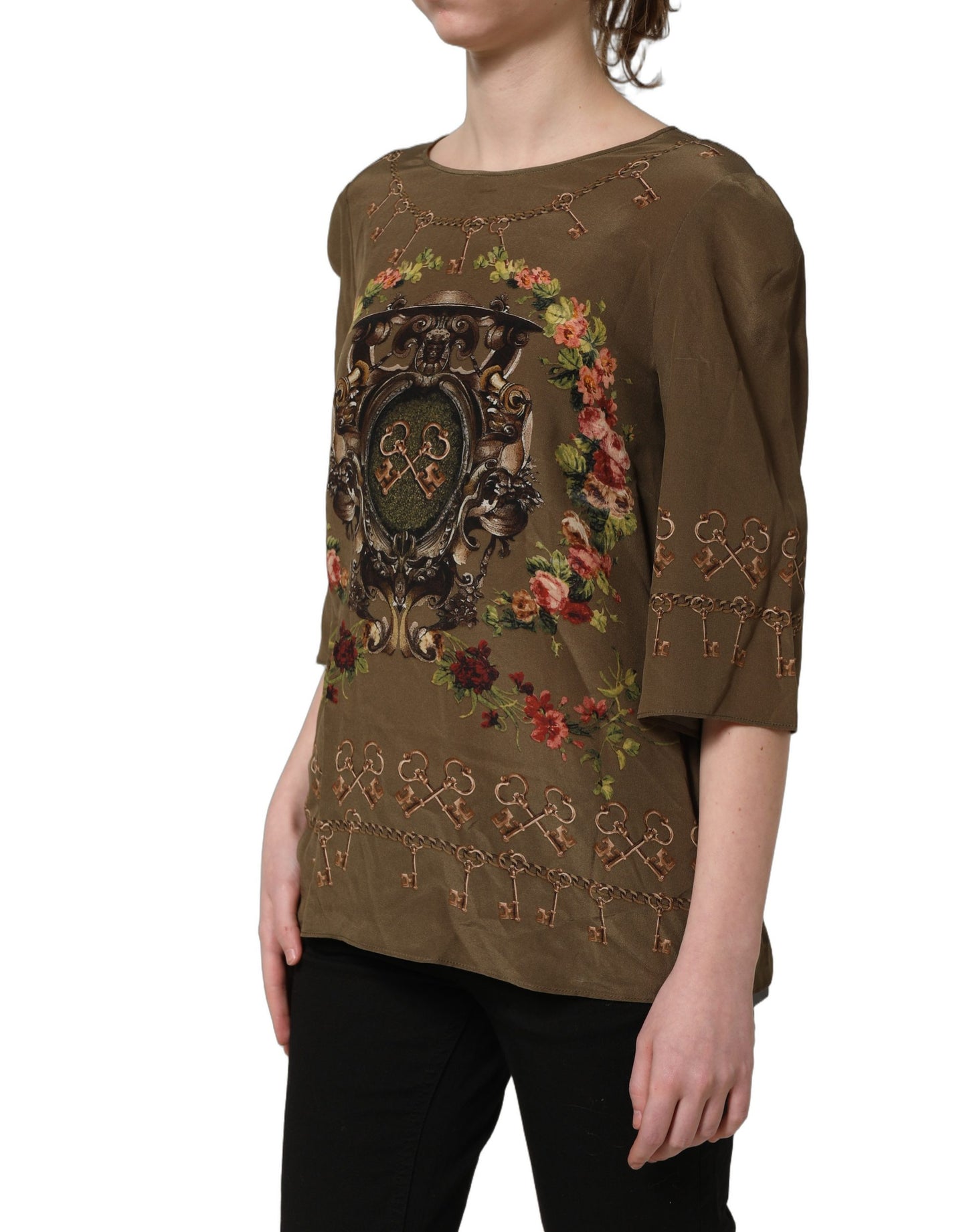 Dolce & Gabbana Brown Keys Roses Printed Silk Blouse Top Dolce & Gabbana