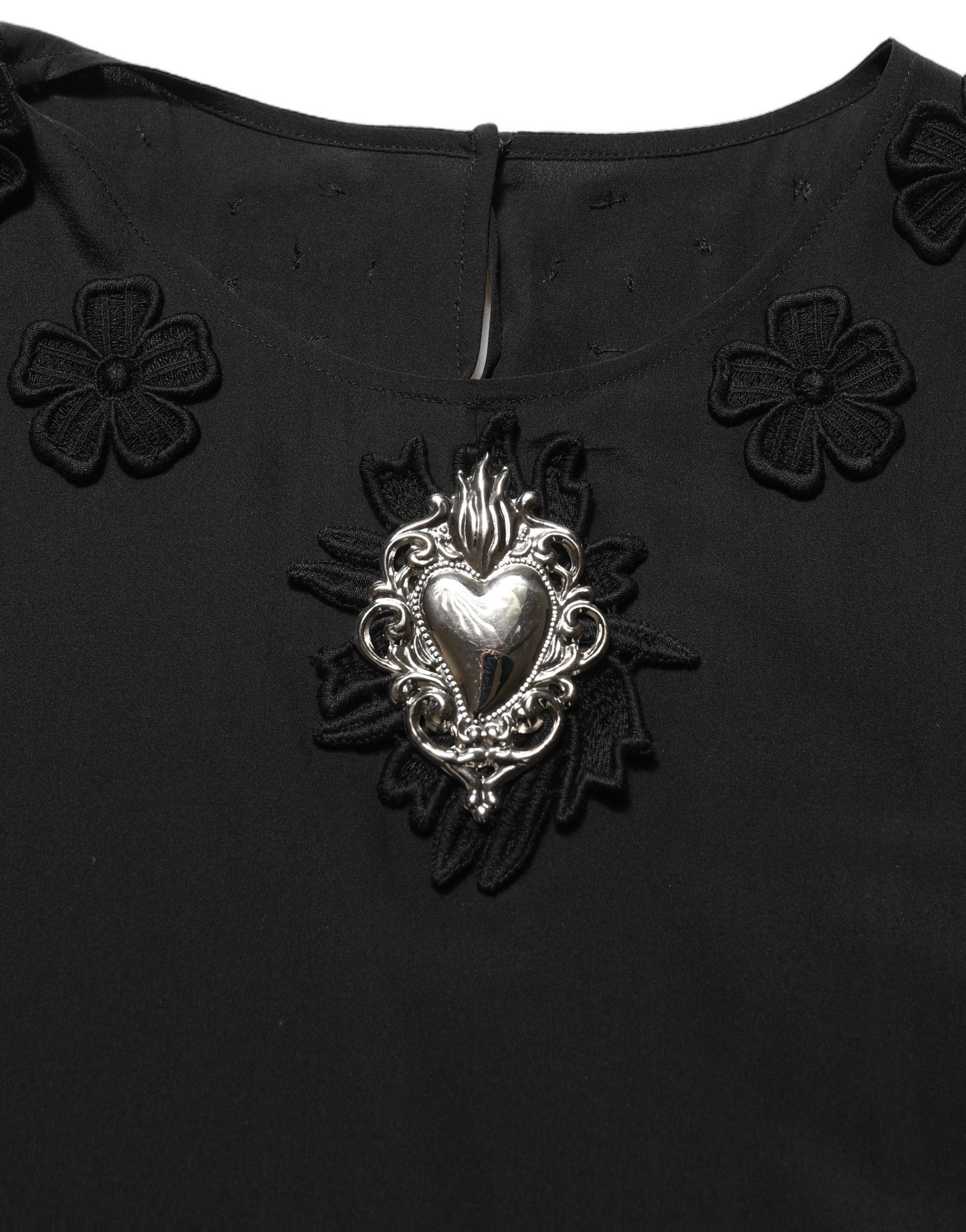 Dolce & Gabbana Black Floral Silk Heart Appliqué Blouse Top Dolce & Gabbana