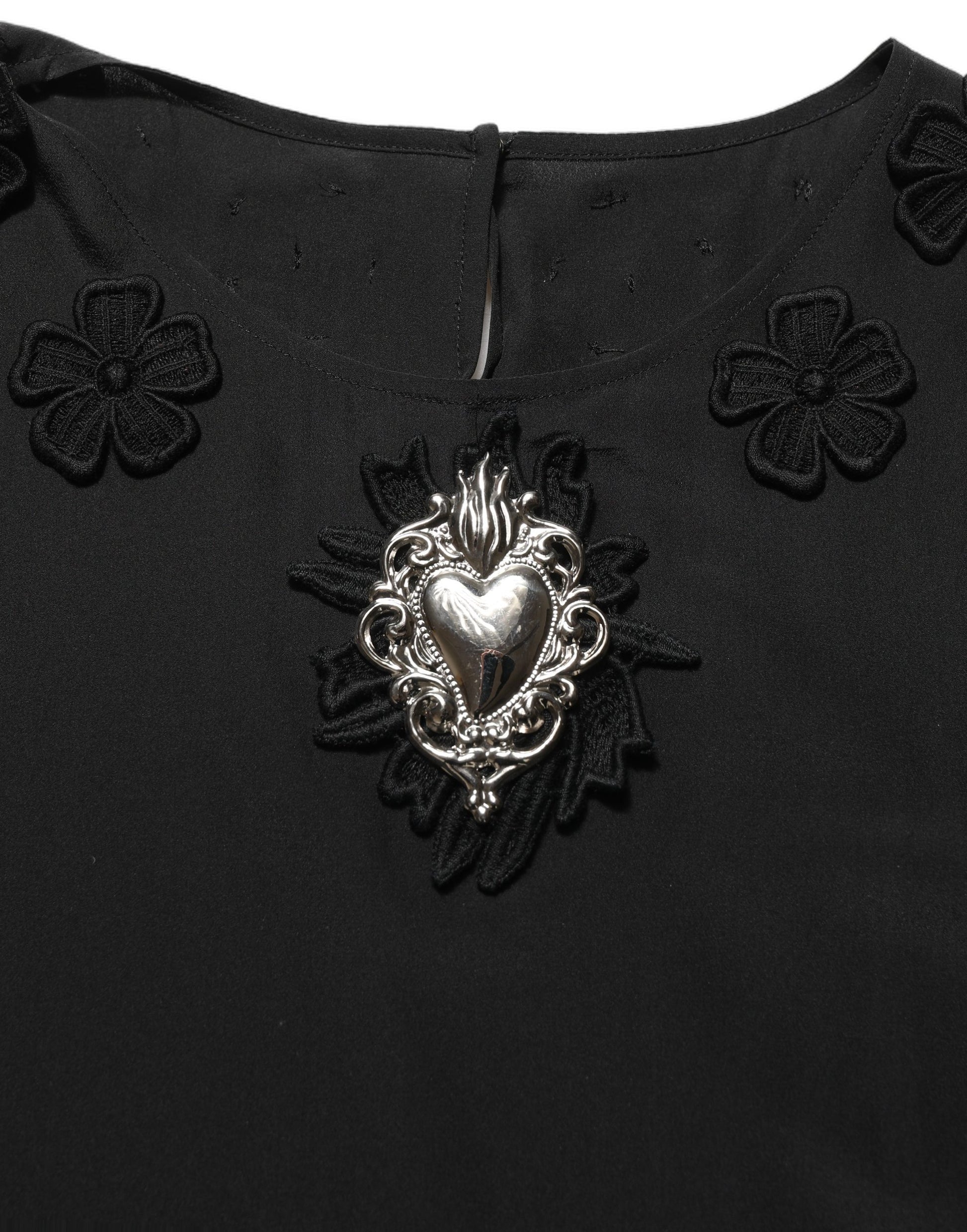 Dolce & Gabbana Black Floral Silk Heart Appliqué Blouse Top Dolce & Gabbana
