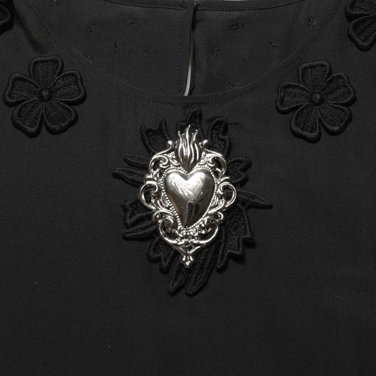 Dolce & Gabbana Black Floral Silk Heart Appliqué Blouse Top Dolce & Gabbana