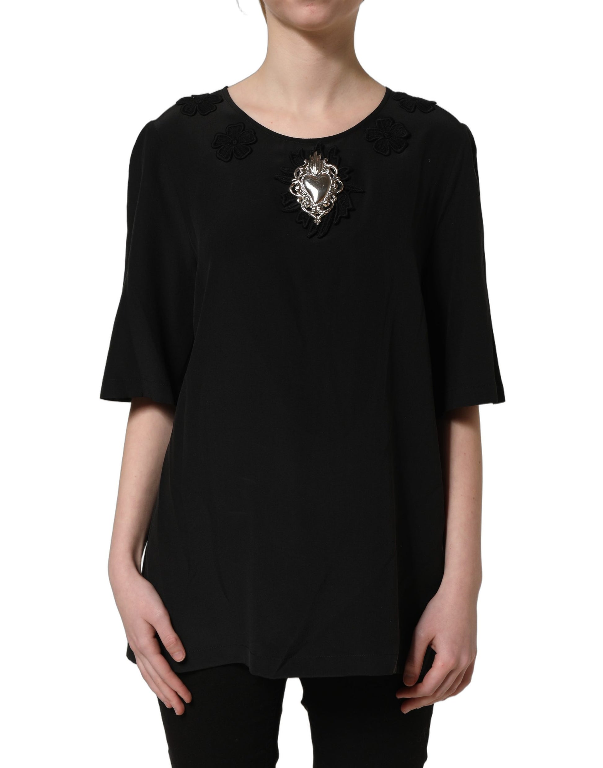 Dolce & Gabbana Black Floral Silk Heart Appliqué Blouse Top Dolce & Gabbana