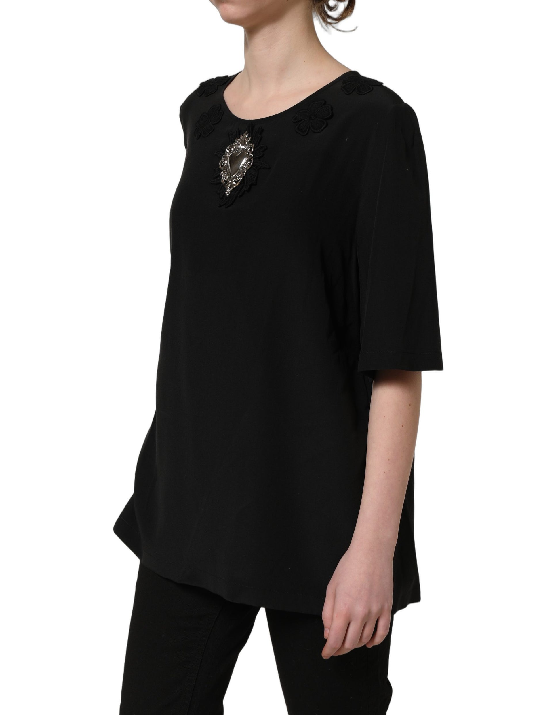 Dolce & Gabbana Black Floral Silk Heart Appliqué Blouse Top Dolce & Gabbana
