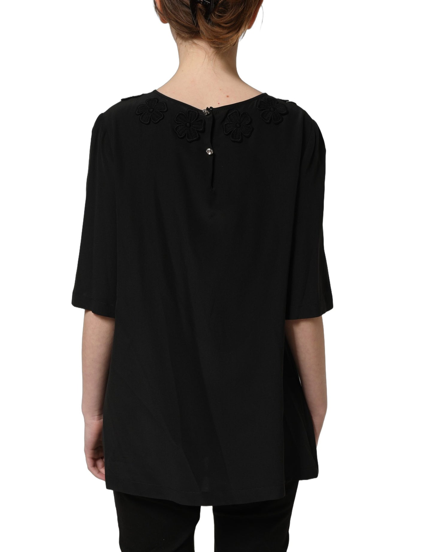 Dolce & Gabbana Black Floral Silk Heart Appliqué Blouse Top Dolce & Gabbana