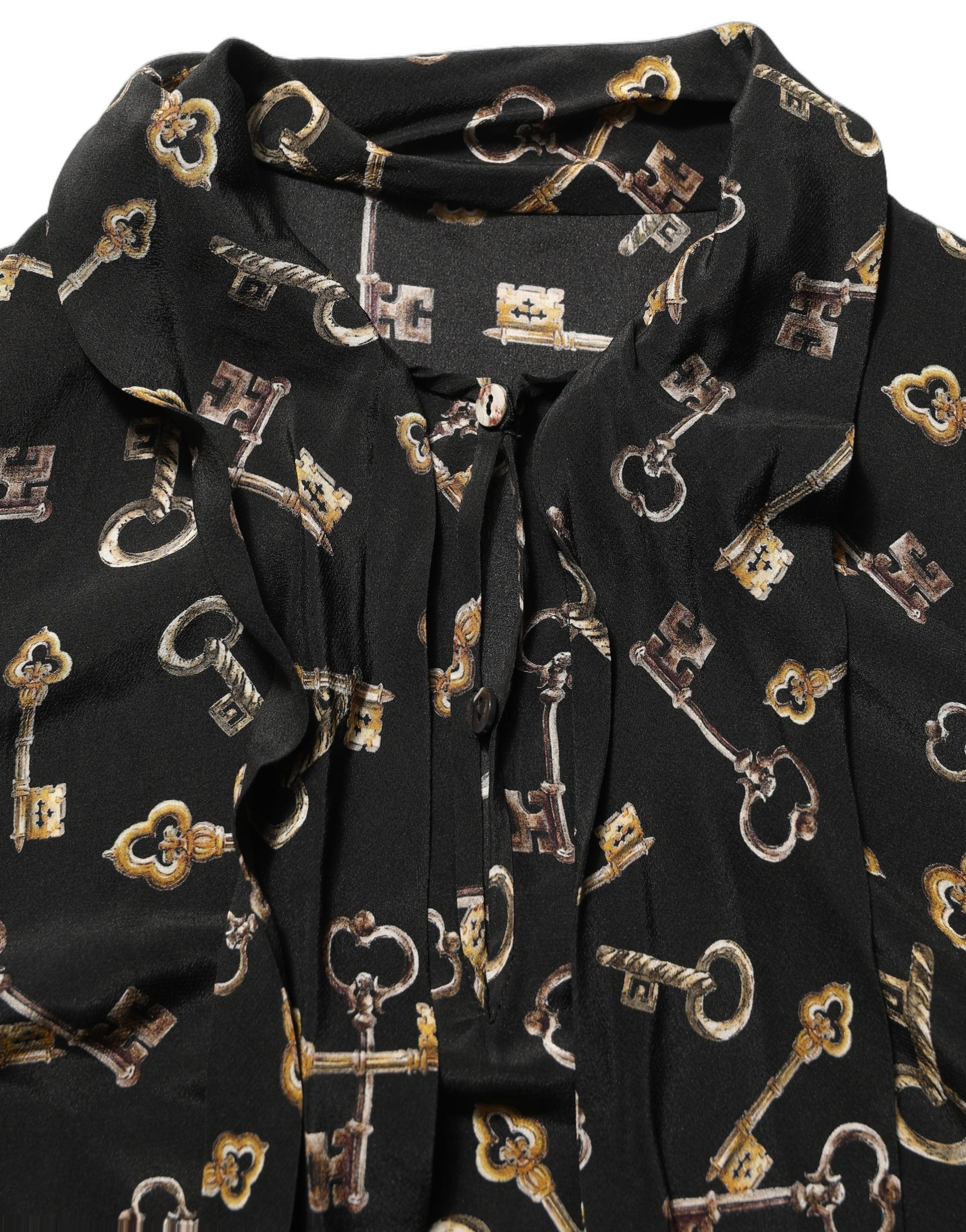 Dolce & Gabbana Black Keys Print Silk Tie Neck Blouse Top Dolce & Gabbana