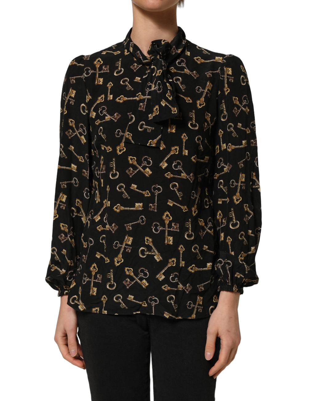 Dolce & Gabbana Black Keys Print Silk Tie Neck Blouse Top Dolce & Gabbana