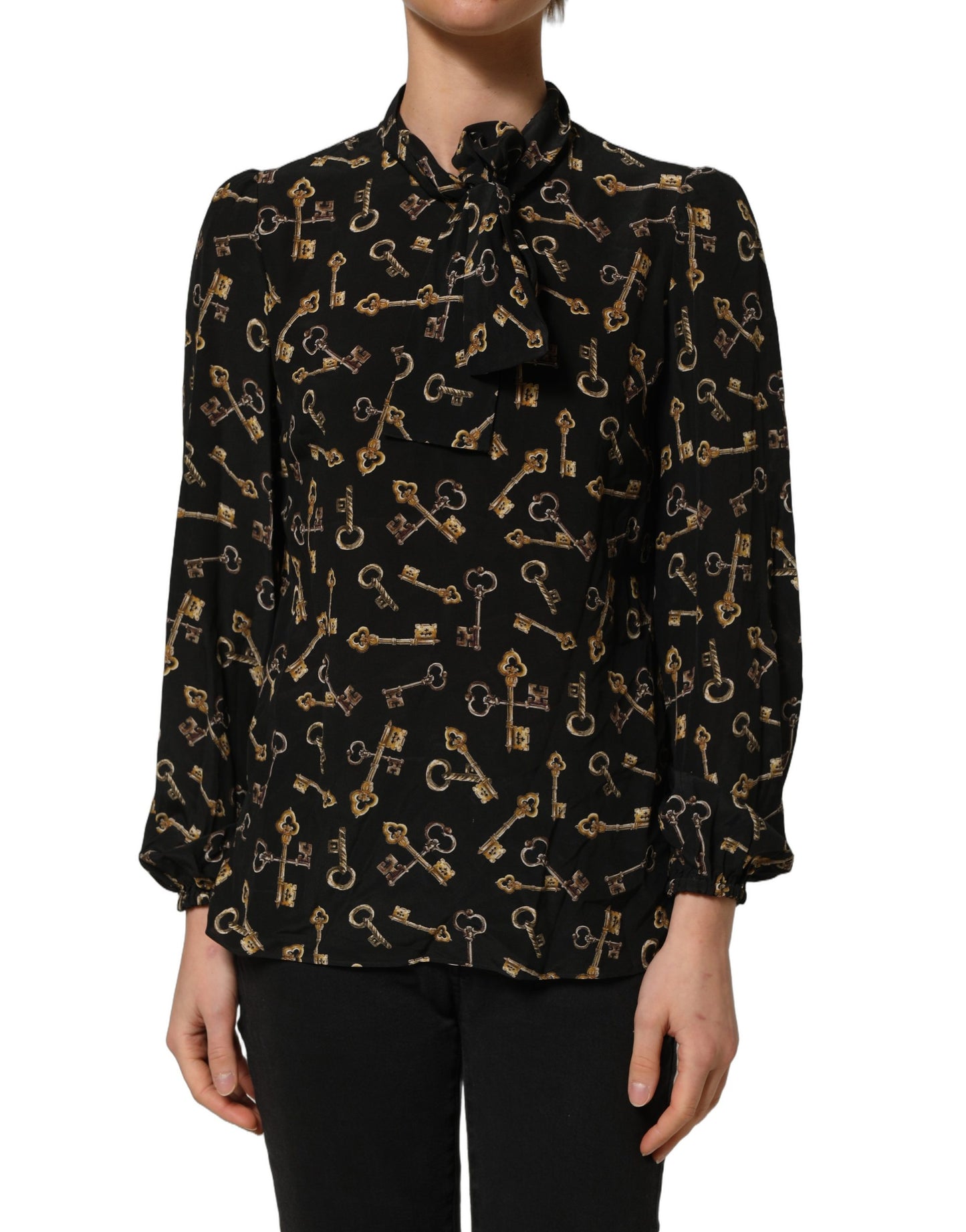 Dolce & Gabbana Black Keys Print Silk Tie Neck Blouse Top Dolce & Gabbana