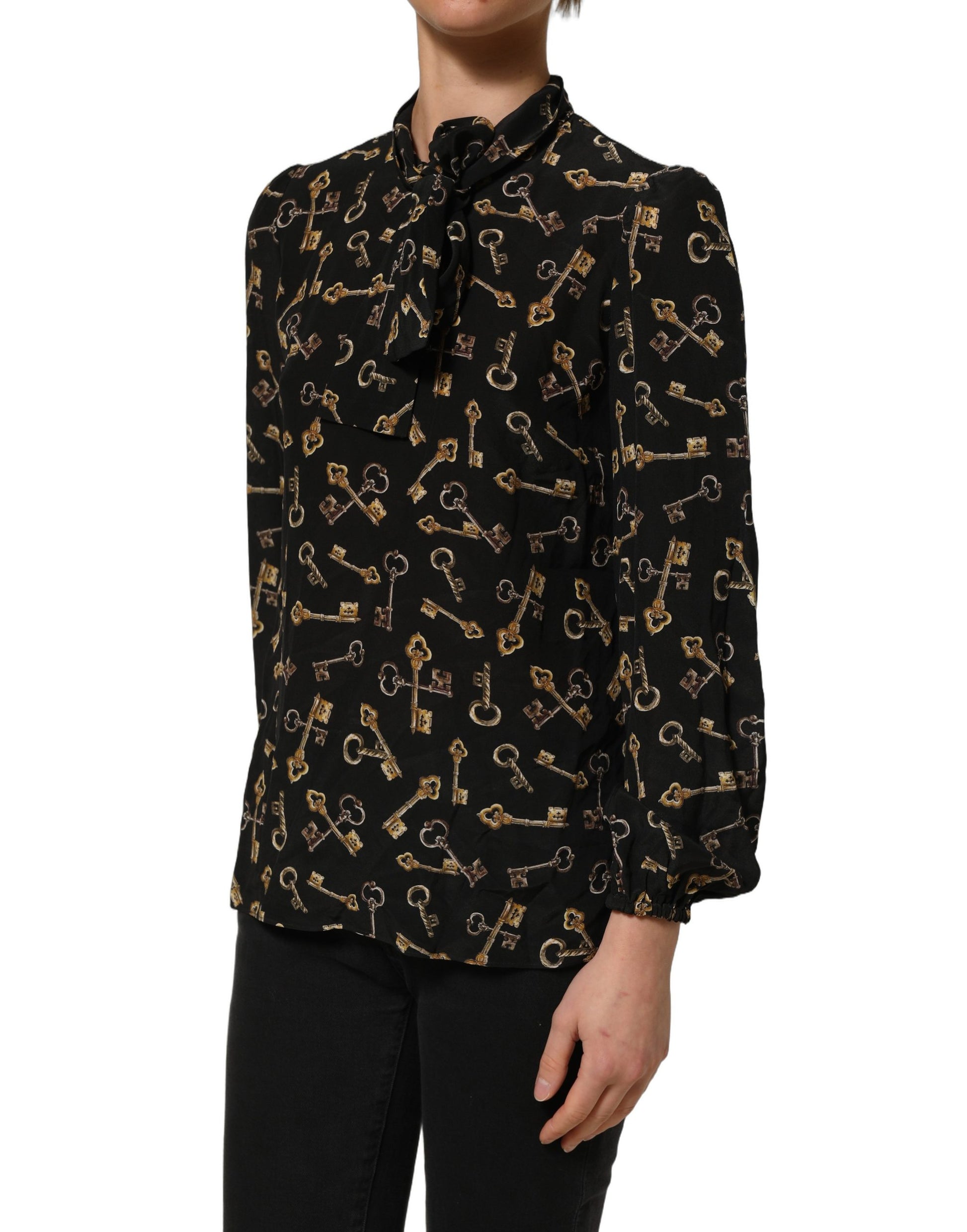 Dolce & Gabbana Black Keys Print Silk Tie Neck Blouse Top Dolce & Gabbana