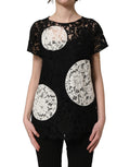 Dolce & Gabbana black and white floral lace short sleeve blouse top with elegant design and intricate lace details.