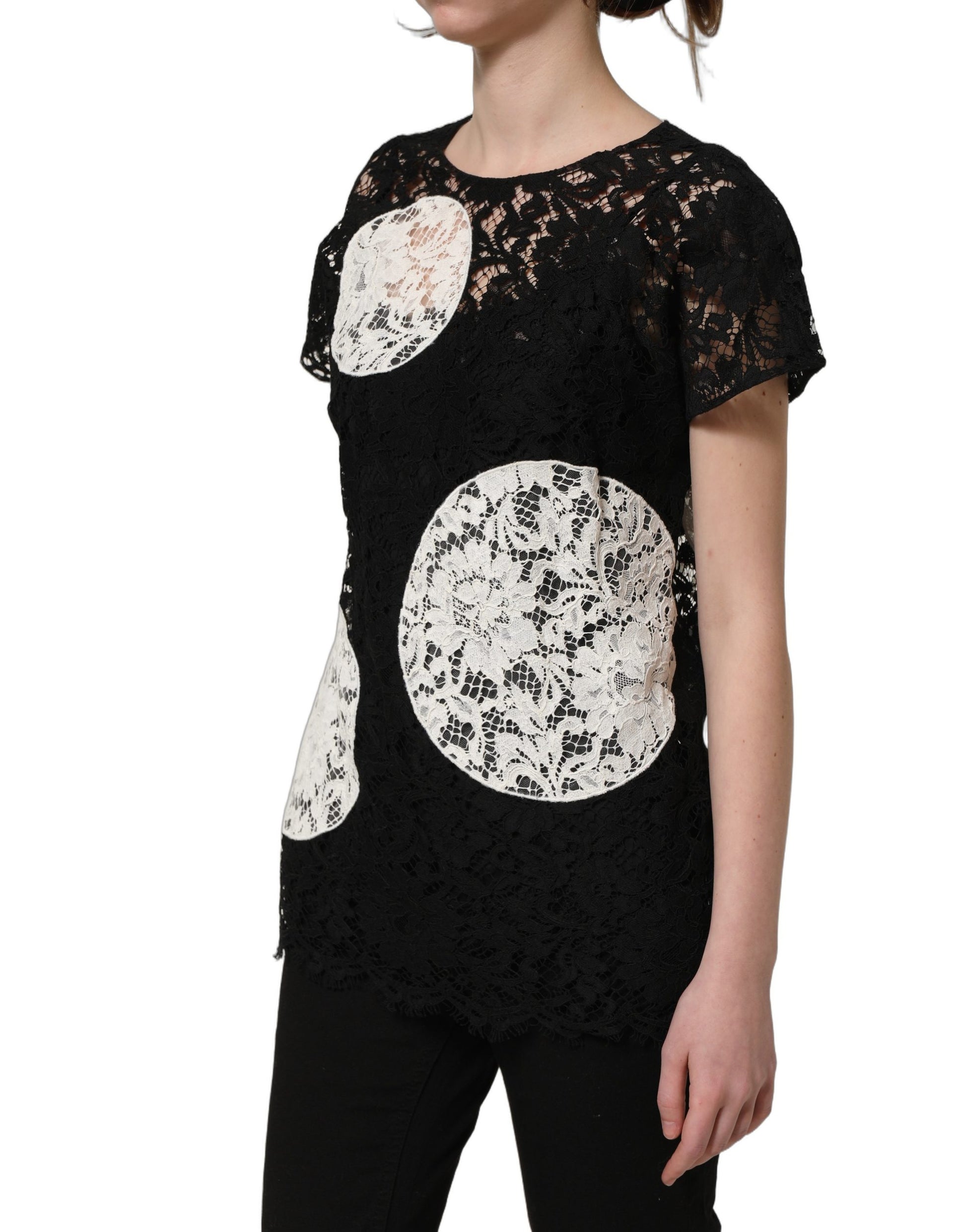Dolce & Gabbana Black White Floral Lace Short Sleeve Blouse Top Dolce & Gabbana