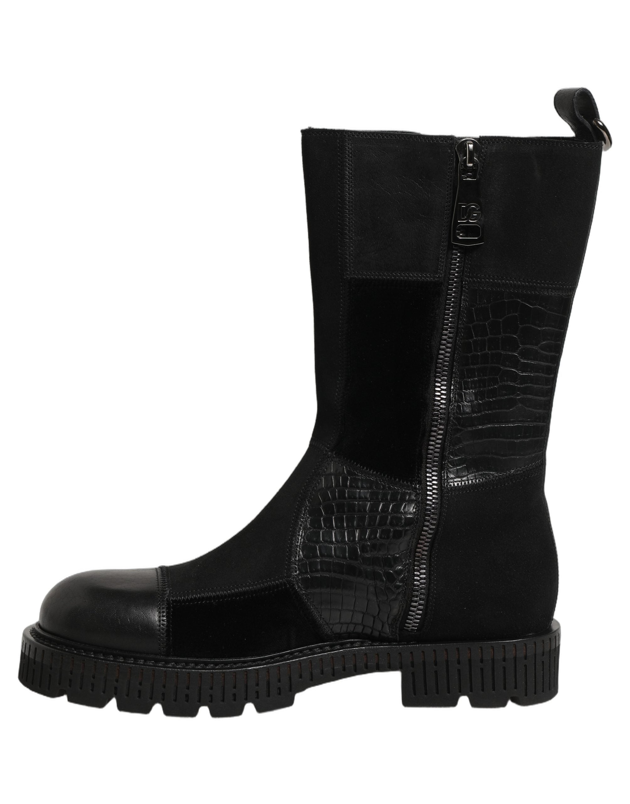 Dolce & Gabbana Black Patchwork Leather Mid Calf Boots Shoes Dolce & Gabbana
