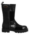 Dolce & Gabbana black patchwork leather mid-calf boots with chunky heels and stitching details.