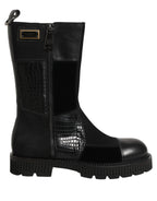Dolce & Gabbana Black Patchwork Leather Mid Calf Boots Shoes Dolce & Gabbana