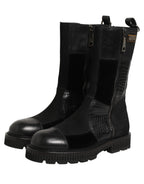 Black patchwork leather mid-calf boots by Dolce & Gabbana, featuring stylish design and sturdy heel.