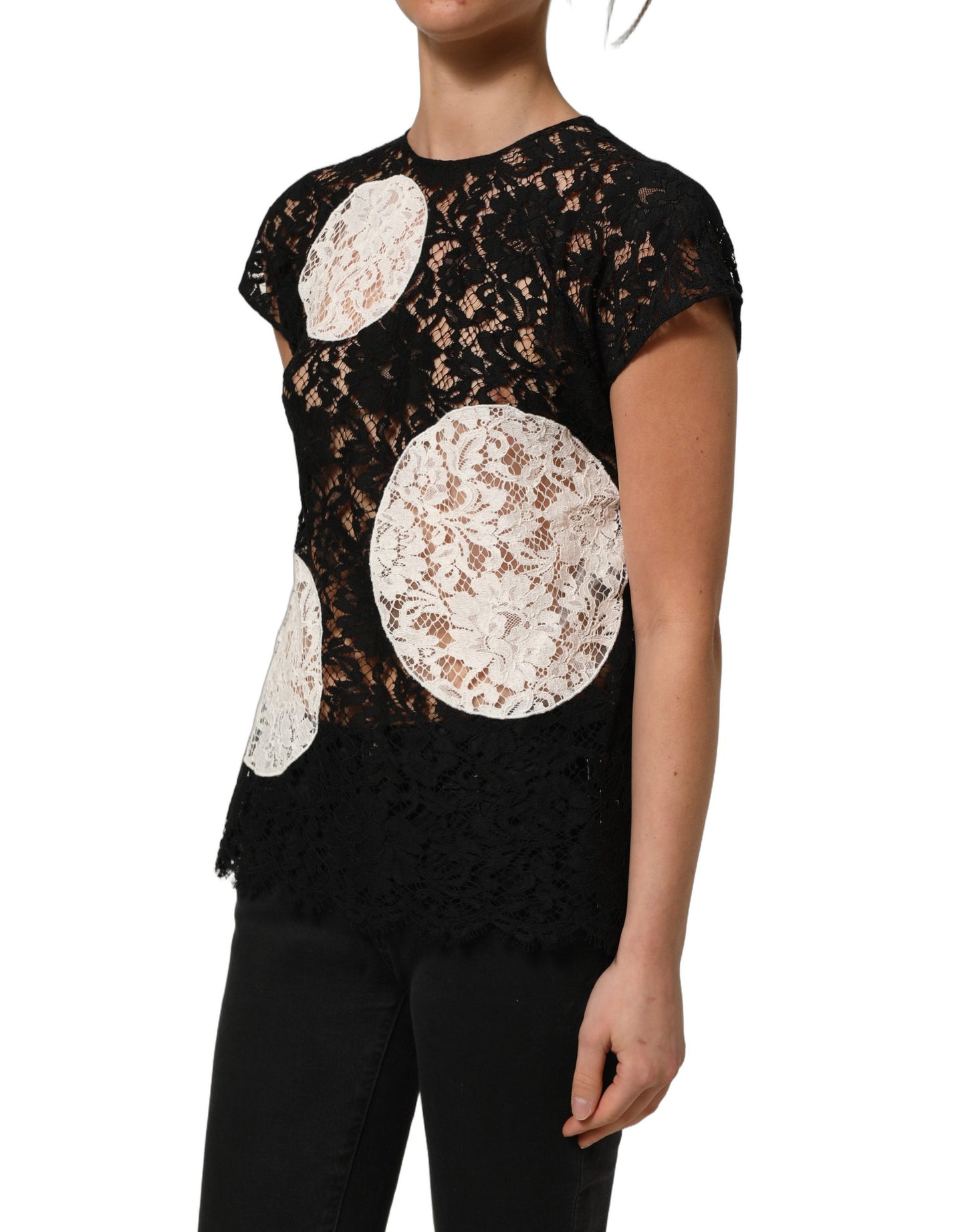 Dolce & Gabbana Black White Floral Lace Short Sleeve Blouse Top Dolce & Gabbana