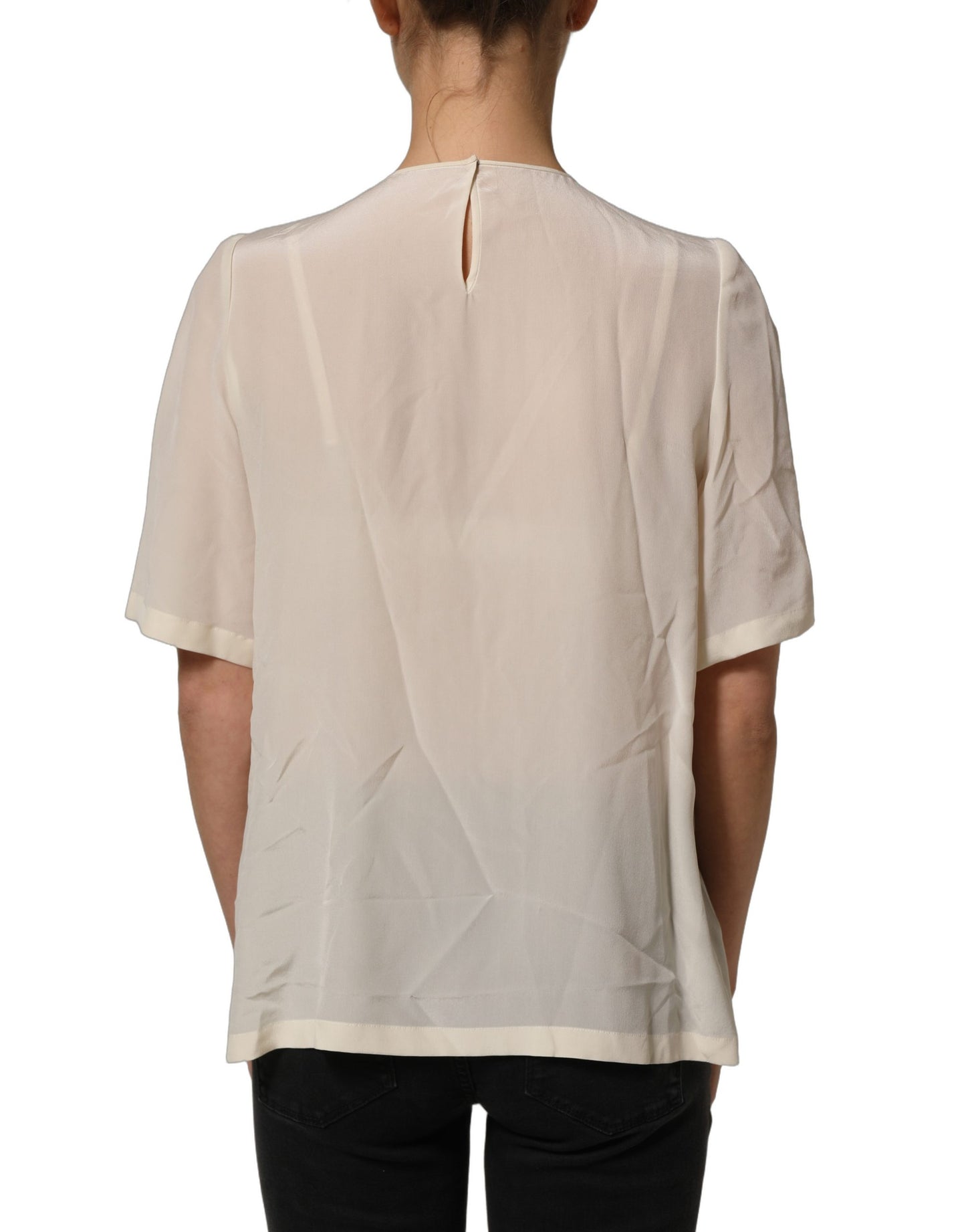 Dolce & Gabbana Beige Lace Trim Bow Short Sleeves Blouse Top Dolce & Gabbana