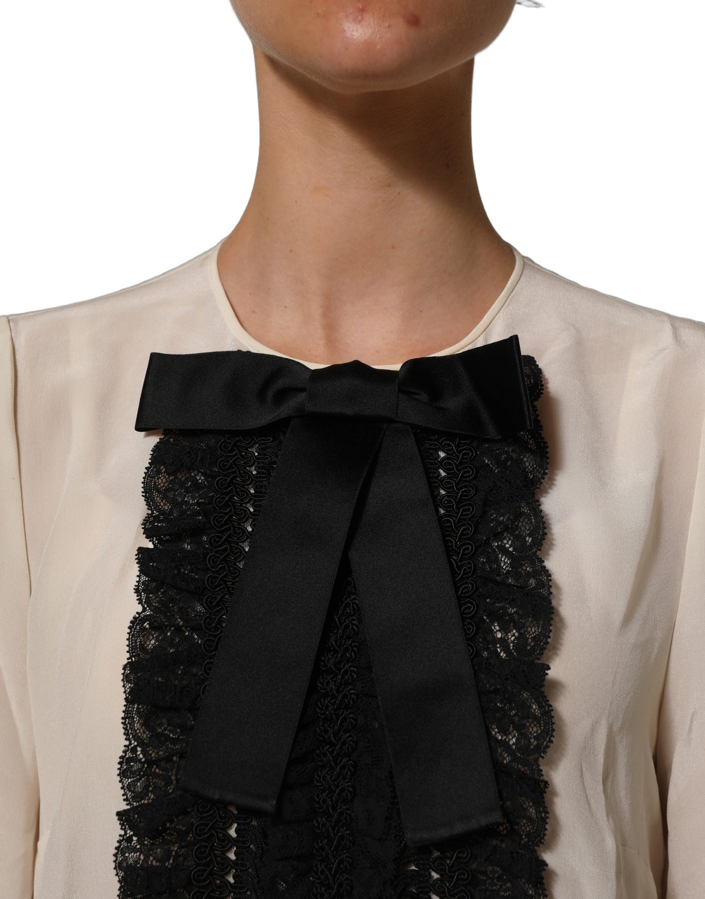 Dolce & Gabbana Beige Lace Trim Bow Short Sleeves Blouse Top Dolce & Gabbana