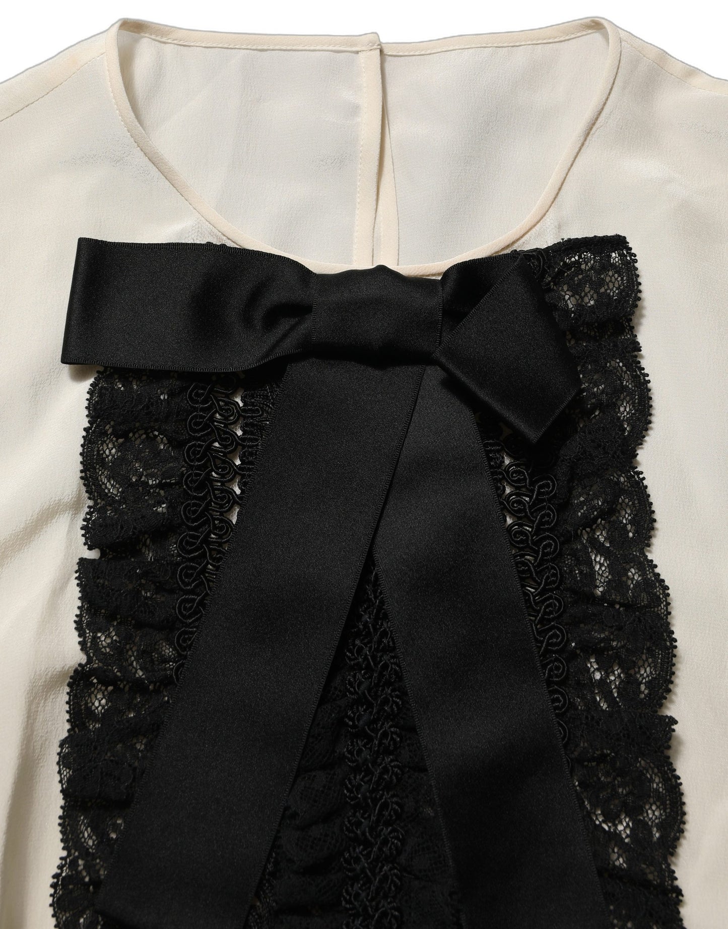 Dolce & Gabbana Beige Lace Trim Bow Short Sleeves Blouse Top Dolce & Gabbana