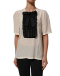 Dolce & Gabbana white lace trim bow short sleeves blouse top, elegant lightweight shirt with delicate lace details and a bow accent.