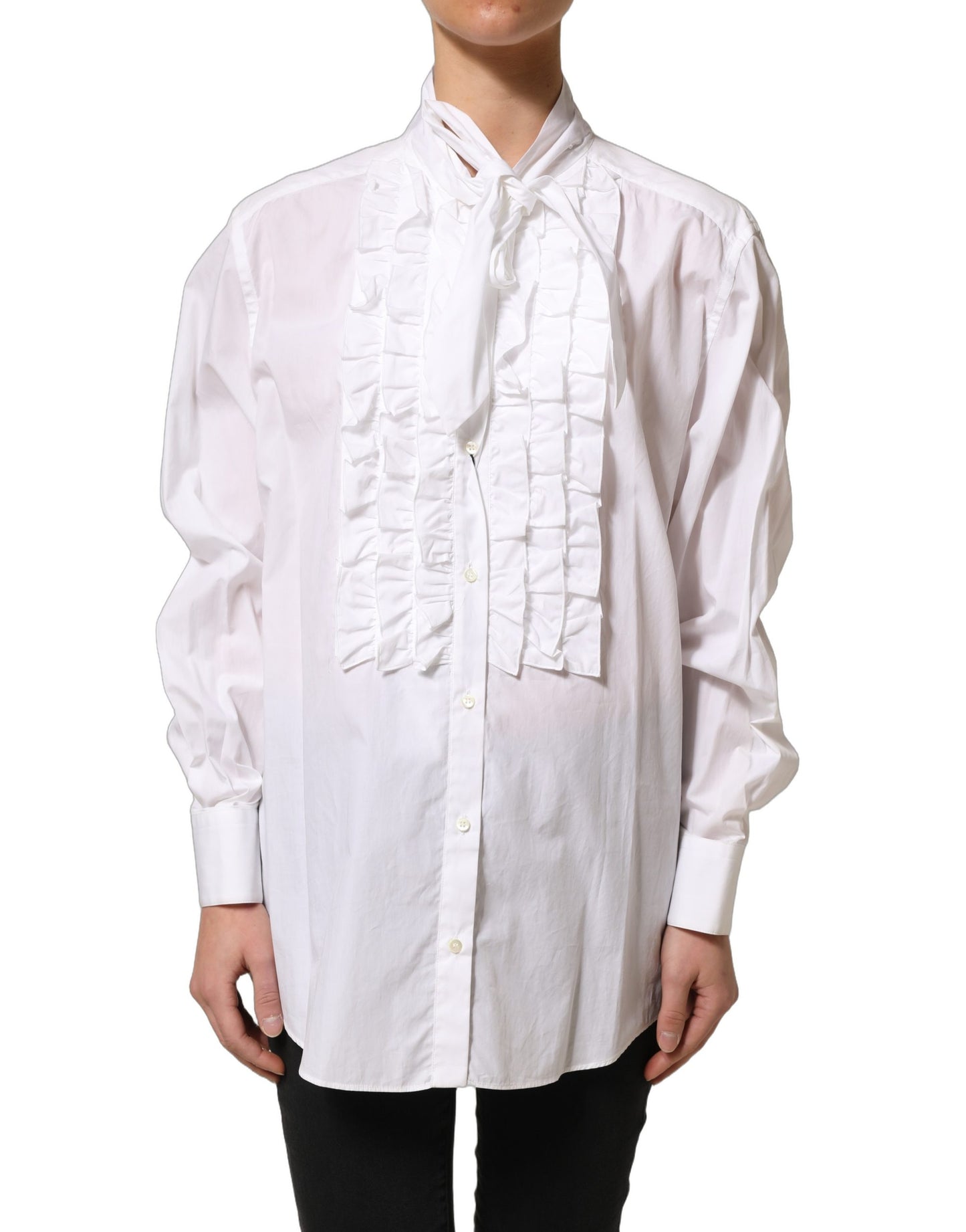 Dolce & Gabbana White Ruffled Bib Long Sleeves Blouse Top Dolce & Gabbana