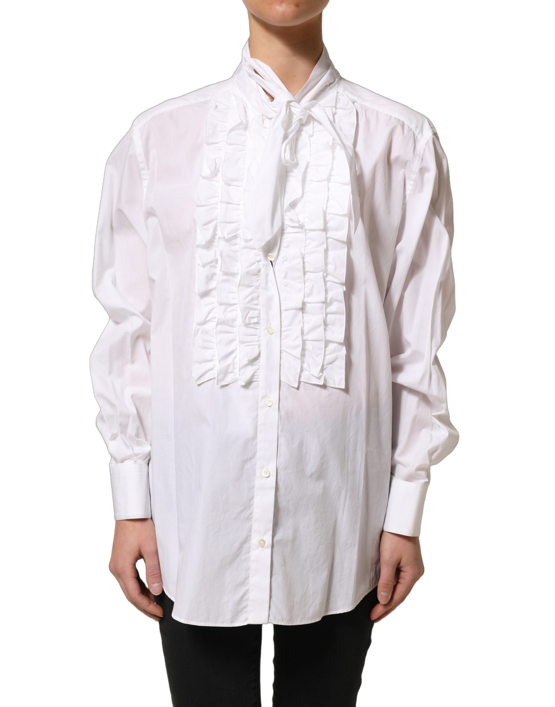 Dolce & Gabbana White Ruffled Bib Long Sleeves Blouse Top Dolce & Gabbana