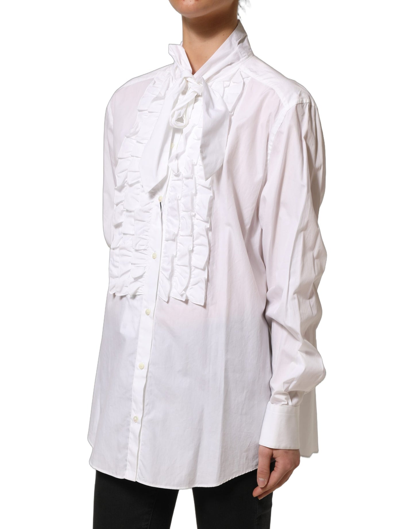 Dolce & Gabbana White Ruffled Bib Long Sleeves Blouse Top Dolce & Gabbana